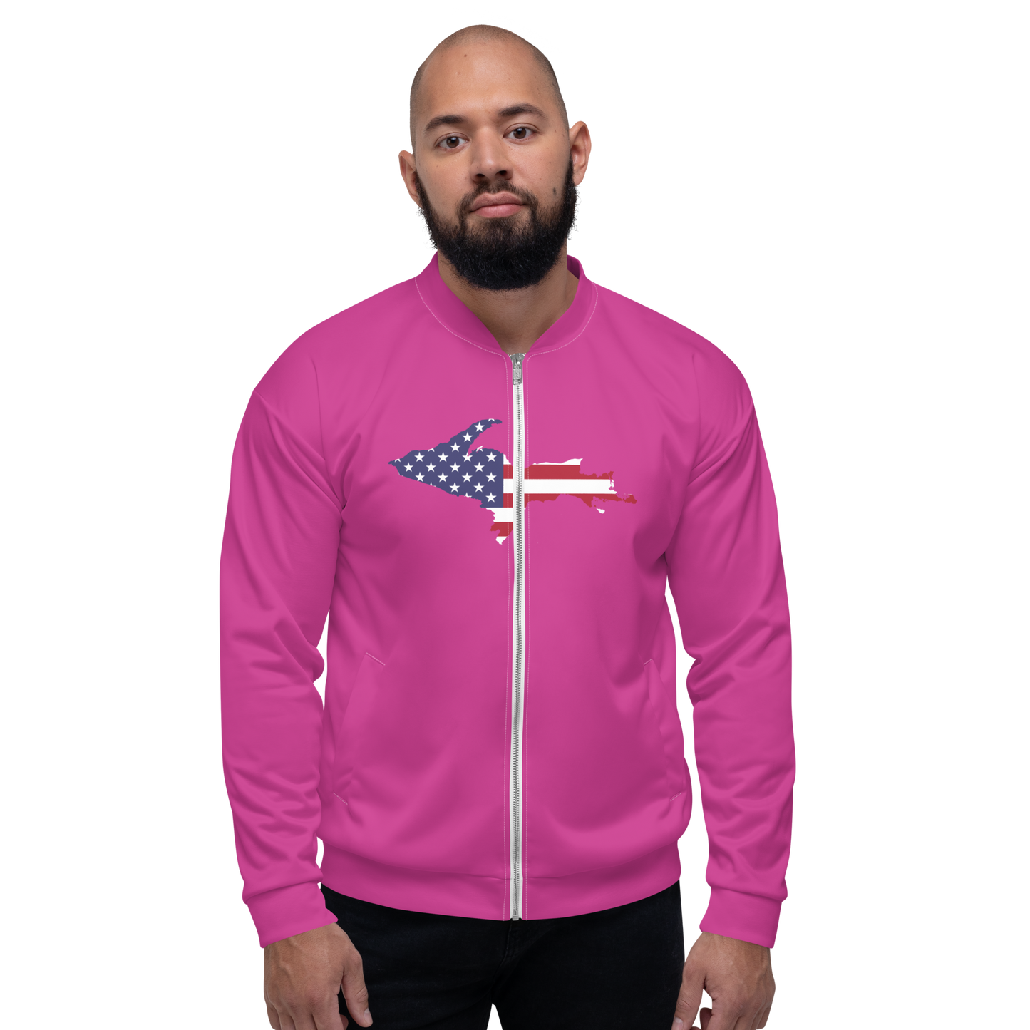 Michigan Upper Peninsula Bomber Jacket (w/ Large UP USA Flag Outline) | Apple Blossom Pink