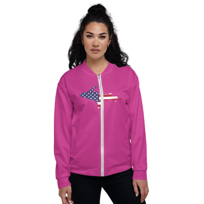 Michigan Upper Peninsula Bomber Jacket (w/ Large UP USA Flag Outline) | Apple Blossom Pink