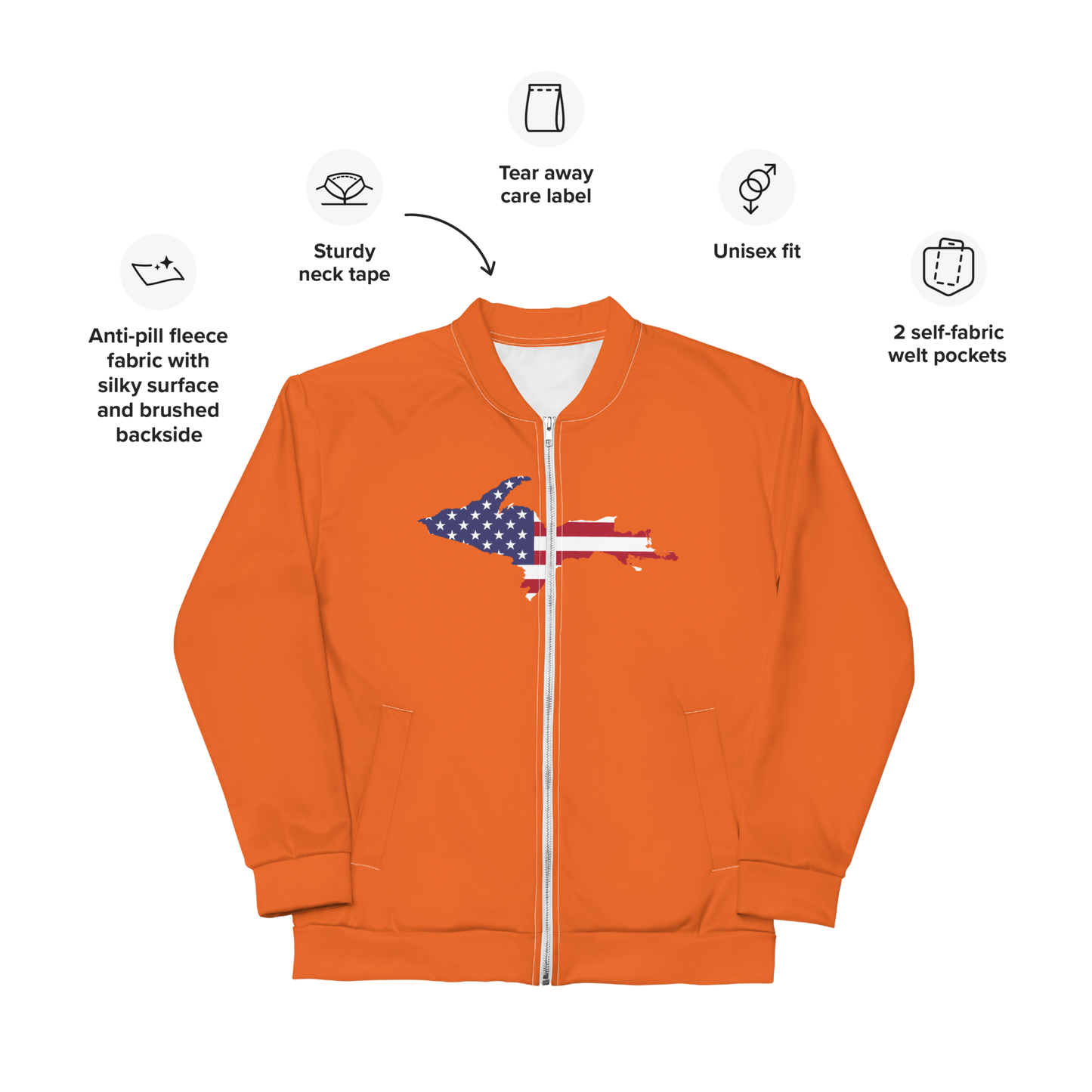 Michigan Upper Peninsula Bomber Jacket (w/ Large UP USA Flag Outline) | Orange