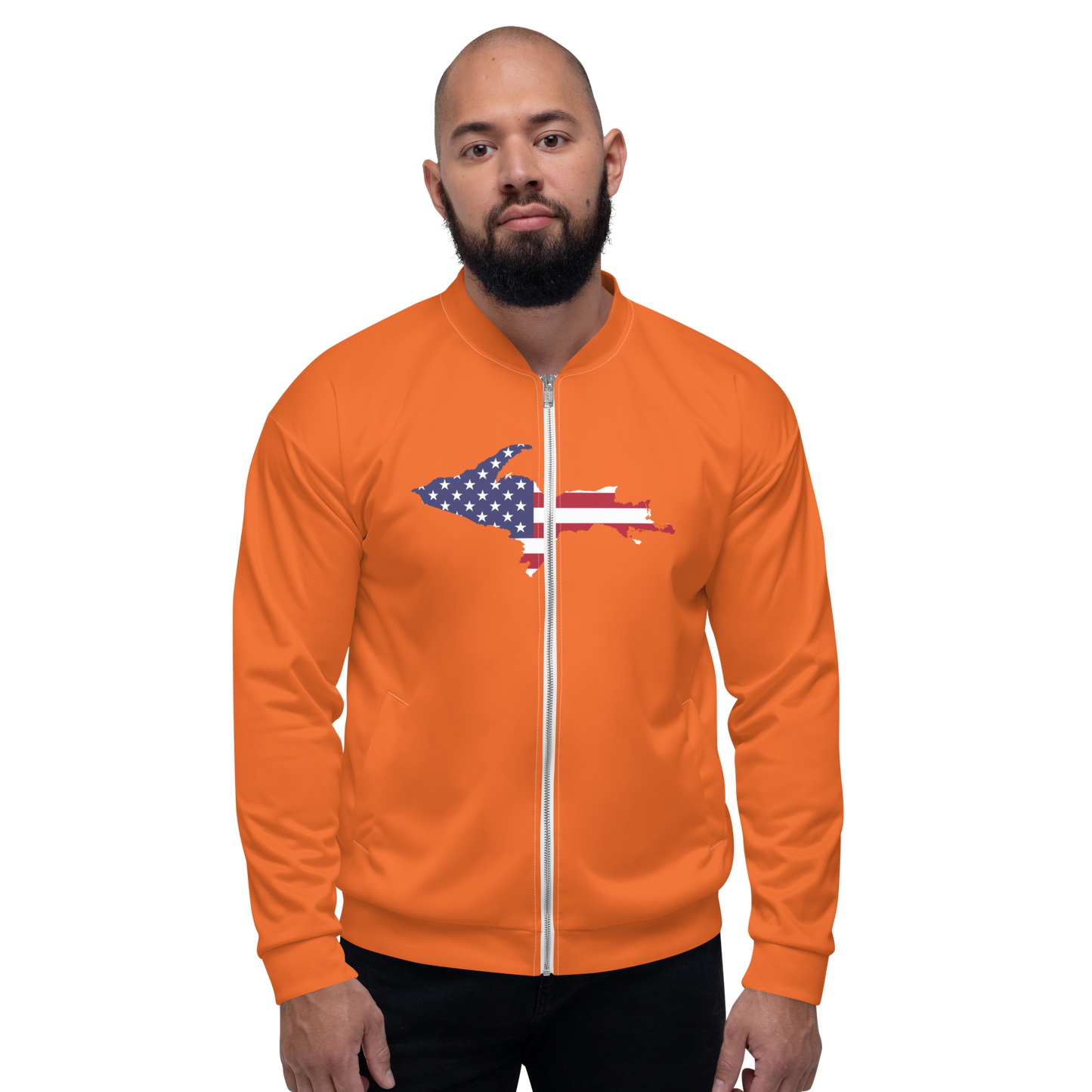 Michigan Upper Peninsula Bomber Jacket (w/ Large UP USA Flag Outline) | Orange