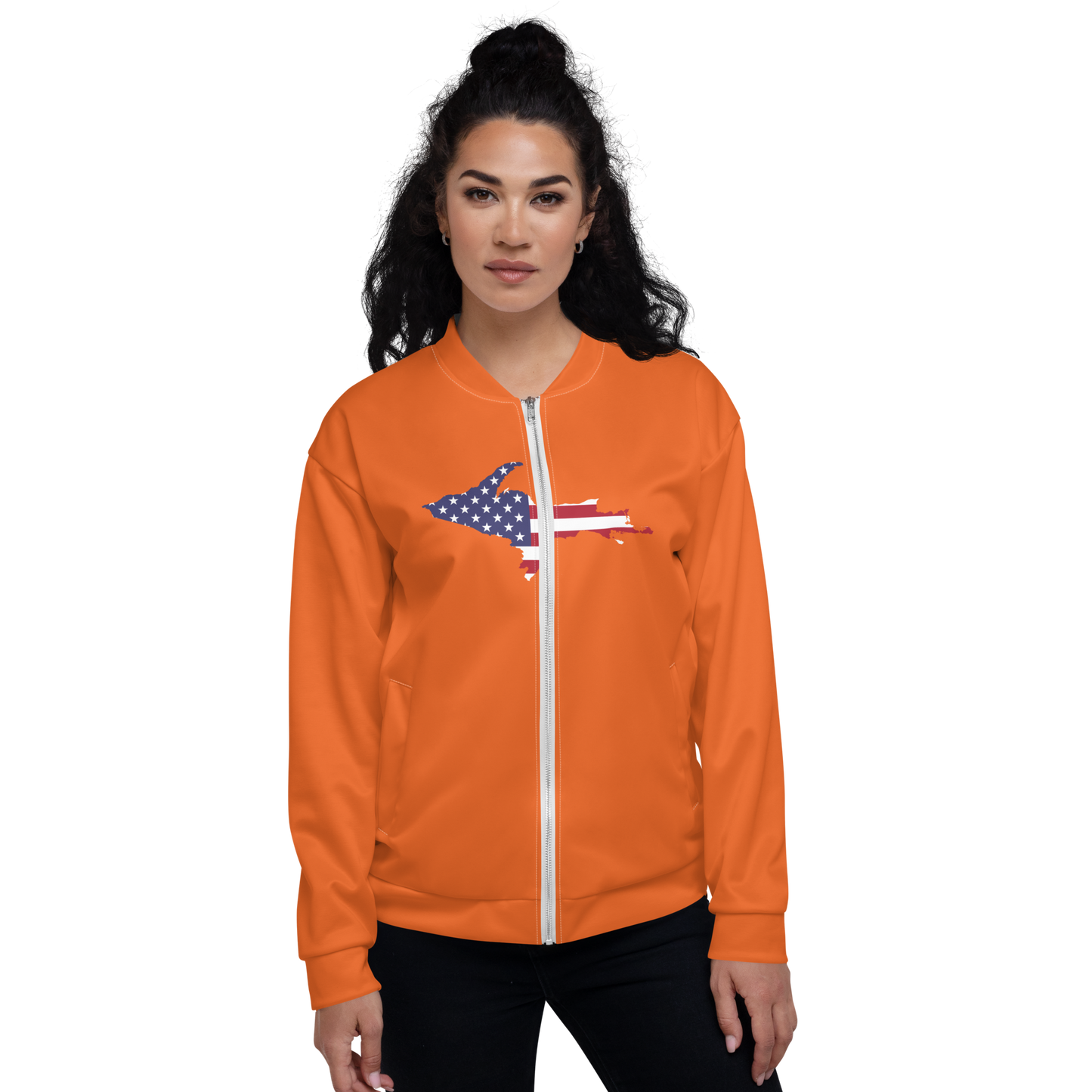 Michigan Upper Peninsula Bomber Jacket (w/ Large UP USA Flag Outline) | Orange