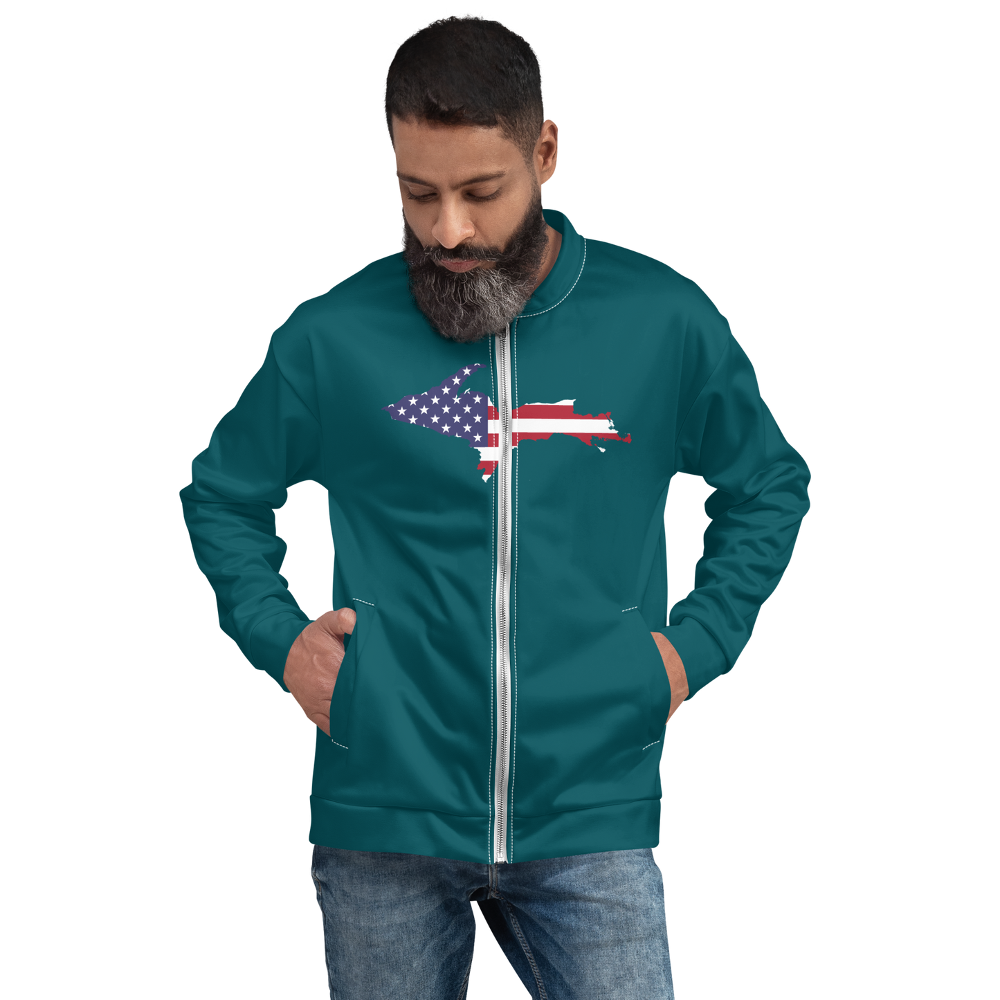 Michigan Upper Peninsula Bomber Jacket (w/ Large UP USA Flag Outline) | Teal