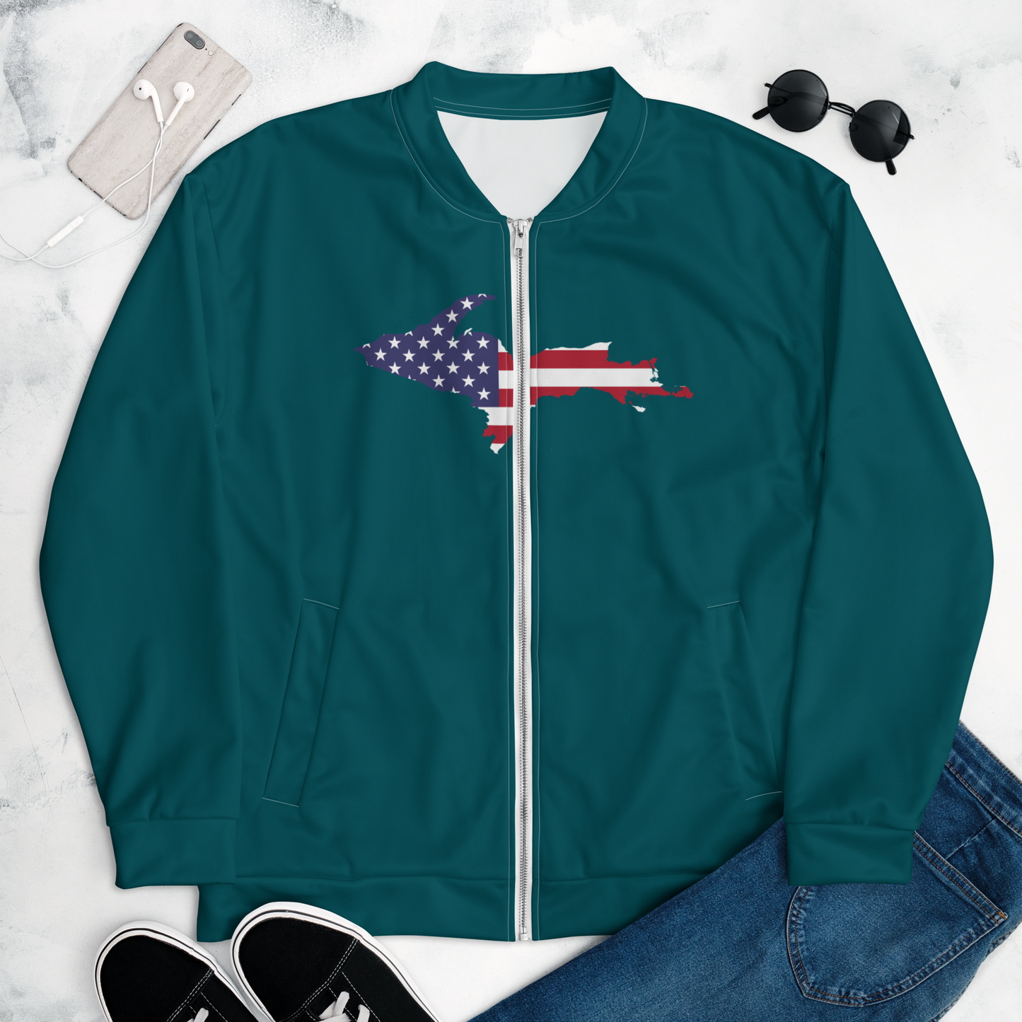 Michigan Upper Peninsula Bomber Jacket (w/ Large UP USA Flag Outline) | Teal