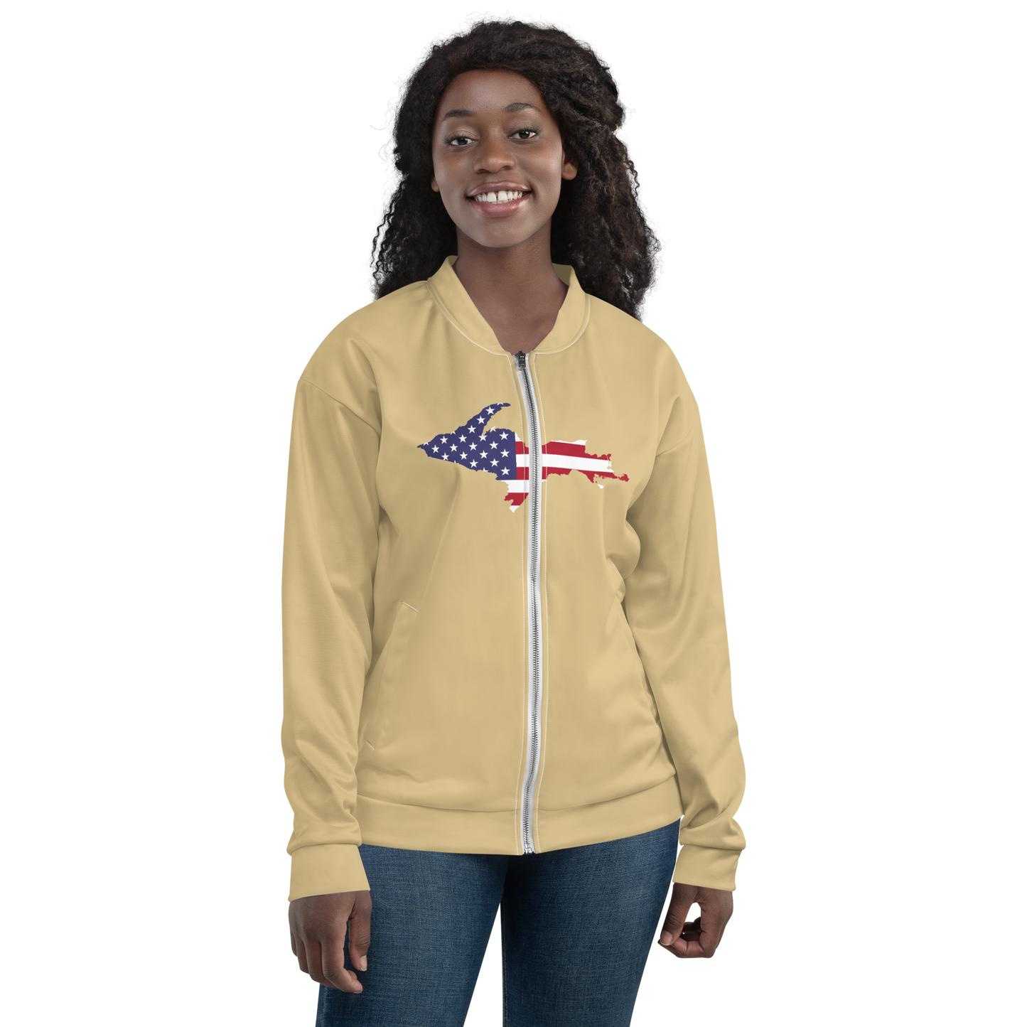 Michigan Upper Peninsula Bomber Jacket (w/ Large UP USA Flag Outline) | Maple Color