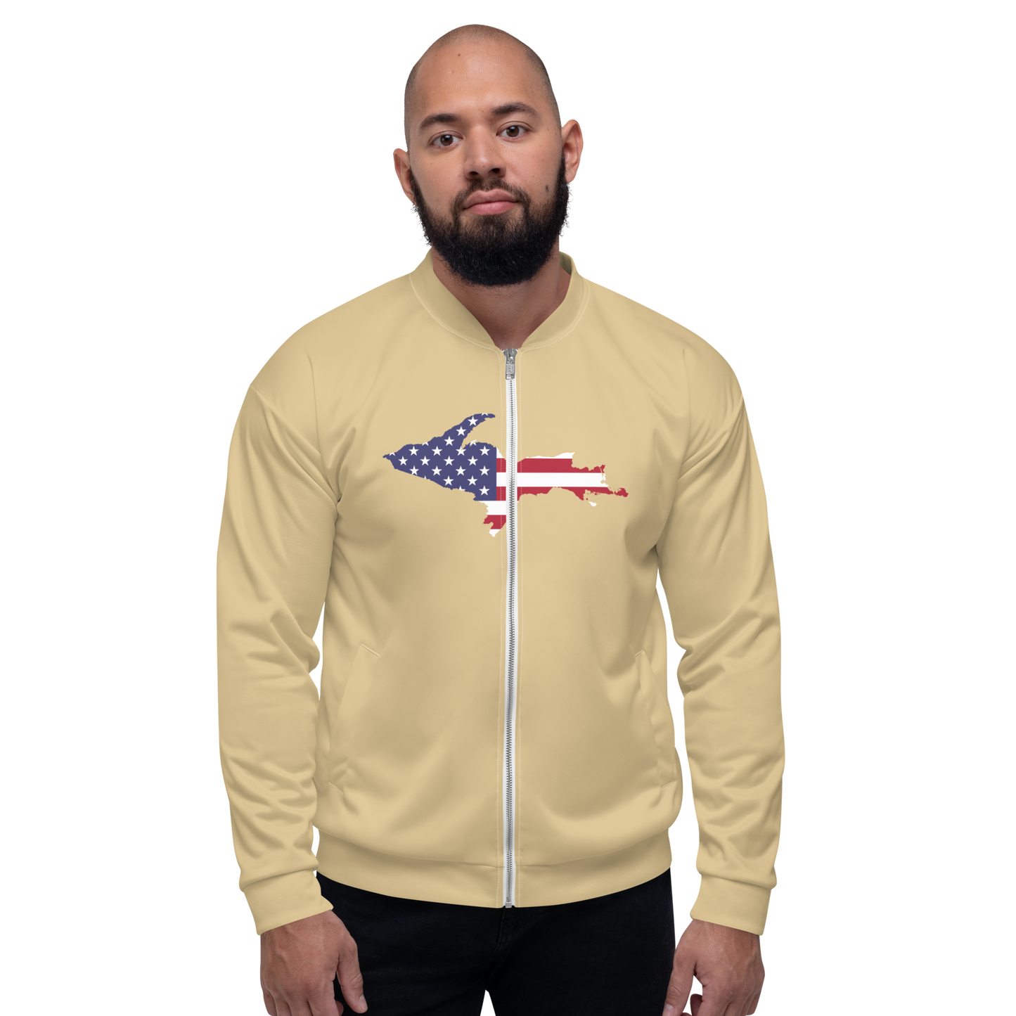 Michigan Upper Peninsula Bomber Jacket (w/ Large UP USA Flag Outline) | Maple Color