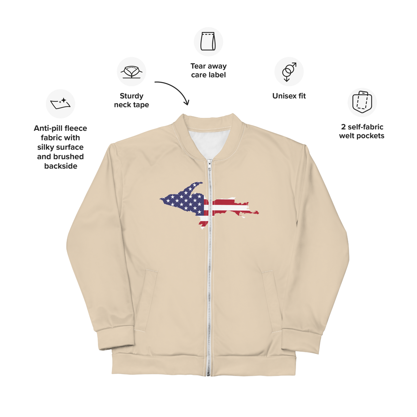 Michigan Upper Peninsula Bomber Jacket (w/ Large UP USA Flag Outline) | Canvas Color