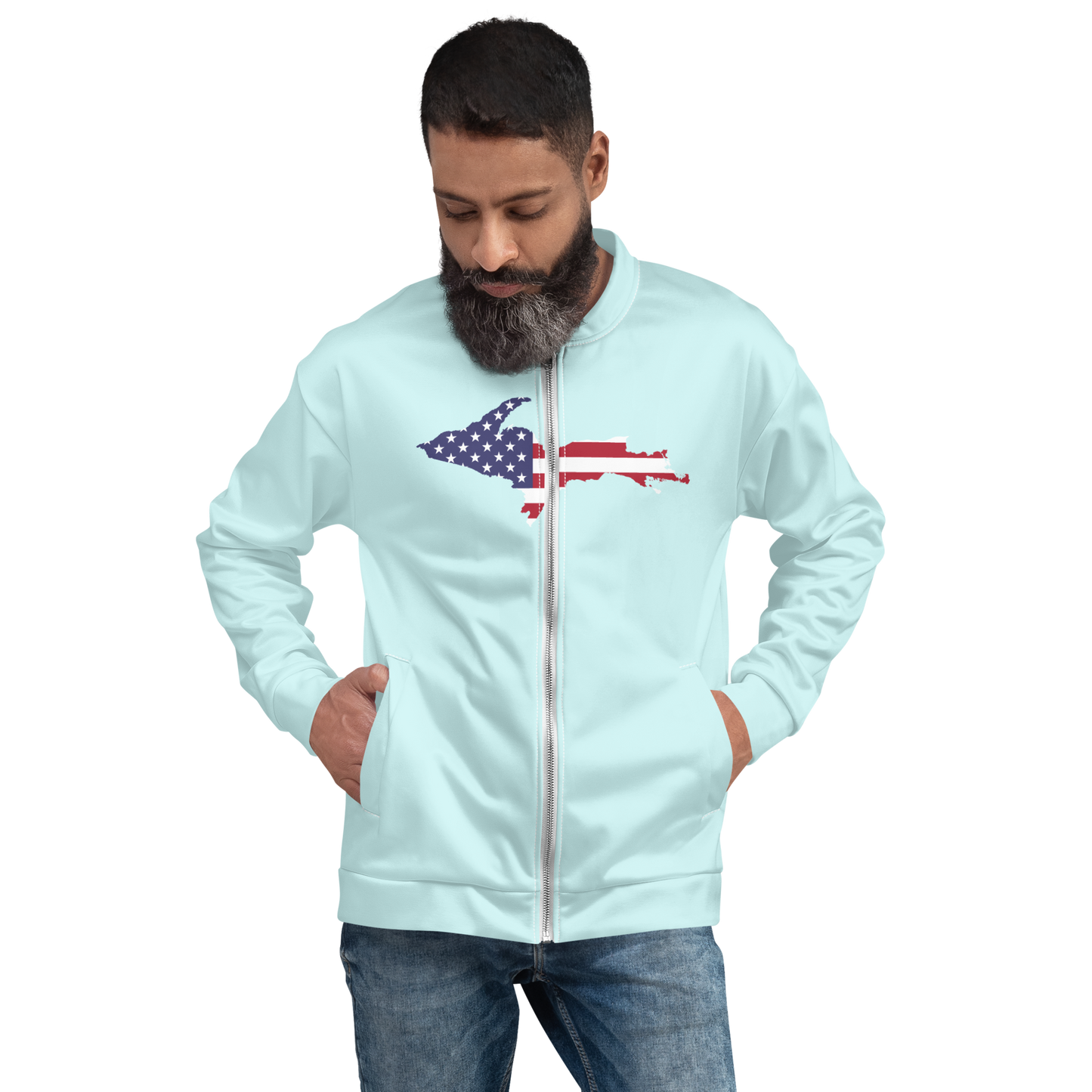 Michigan Upper Peninsula Bomber Jacket (w/ Large UP USA Flag Outline) | Cyan