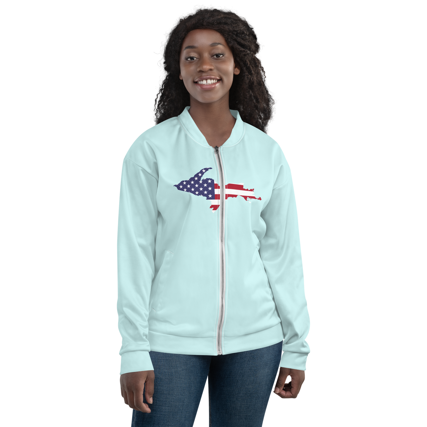 Michigan Upper Peninsula Bomber Jacket (w/ Large UP USA Flag Outline) | Cyan