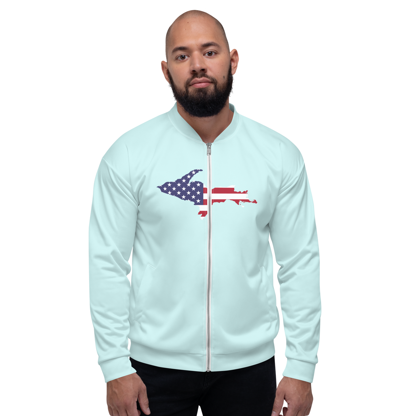 Michigan Upper Peninsula Bomber Jacket (w/ Large UP USA Flag Outline) | Cyan