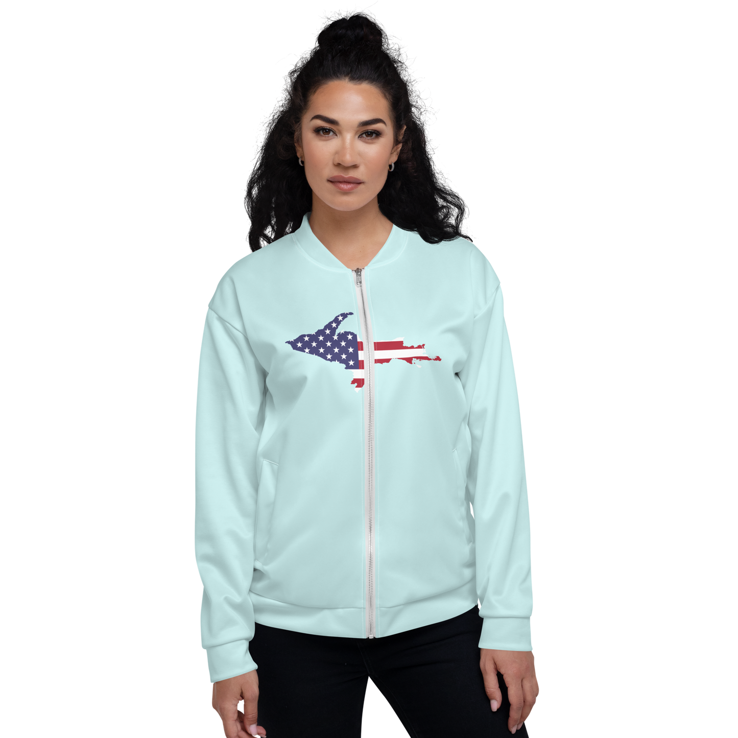 Michigan Upper Peninsula Bomber Jacket (w/ Large UP USA Flag Outline) | Cyan