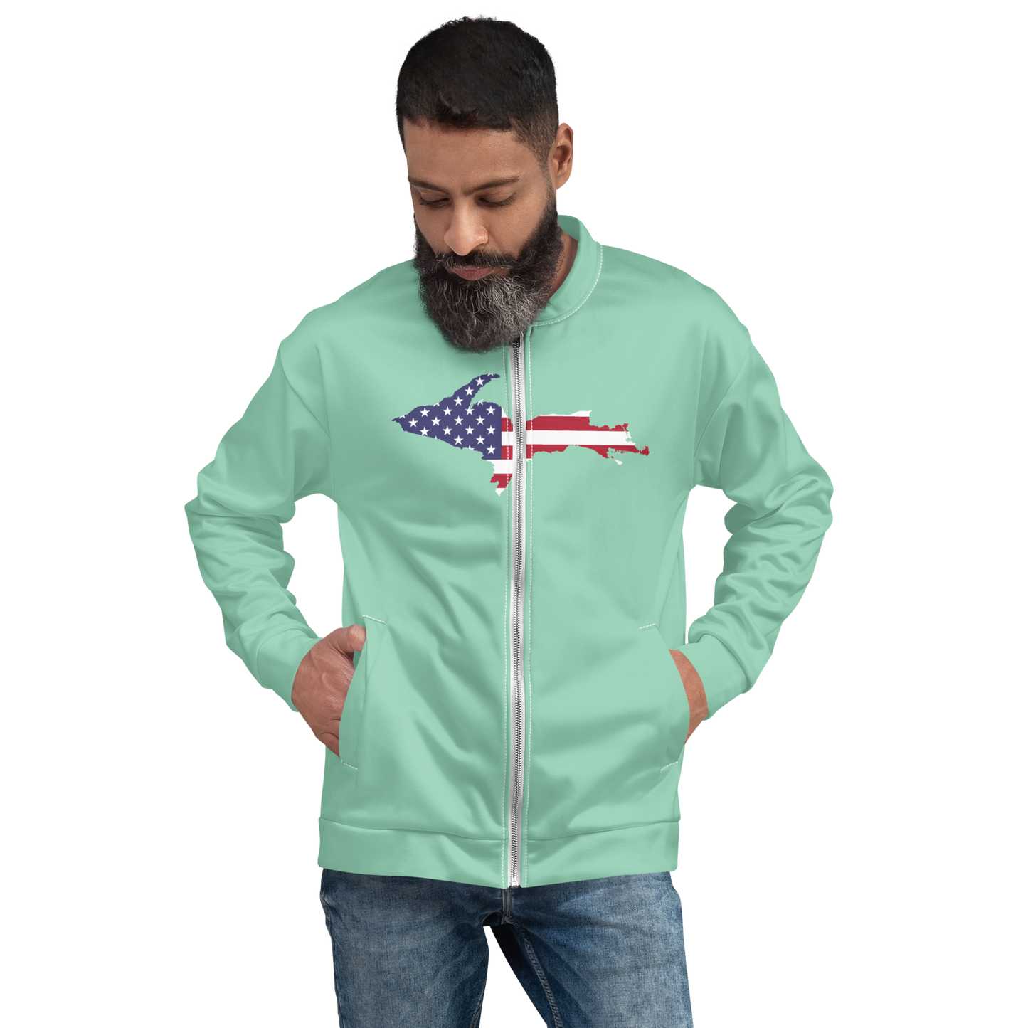 Michigan Upper Peninsula Bomber Jacket (w/ Large UP USA Flag Outline) | Turquoise Green