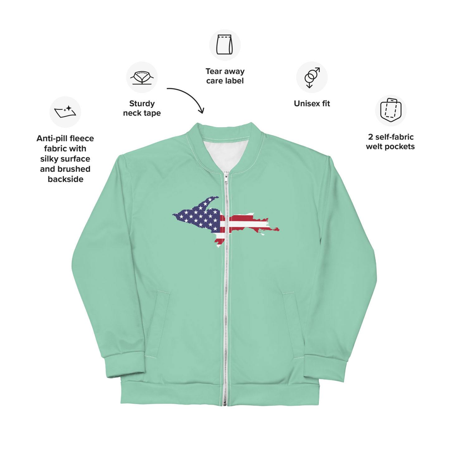 Michigan Upper Peninsula Bomber Jacket (w/ Large UP USA Flag Outline) | Turquoise Green