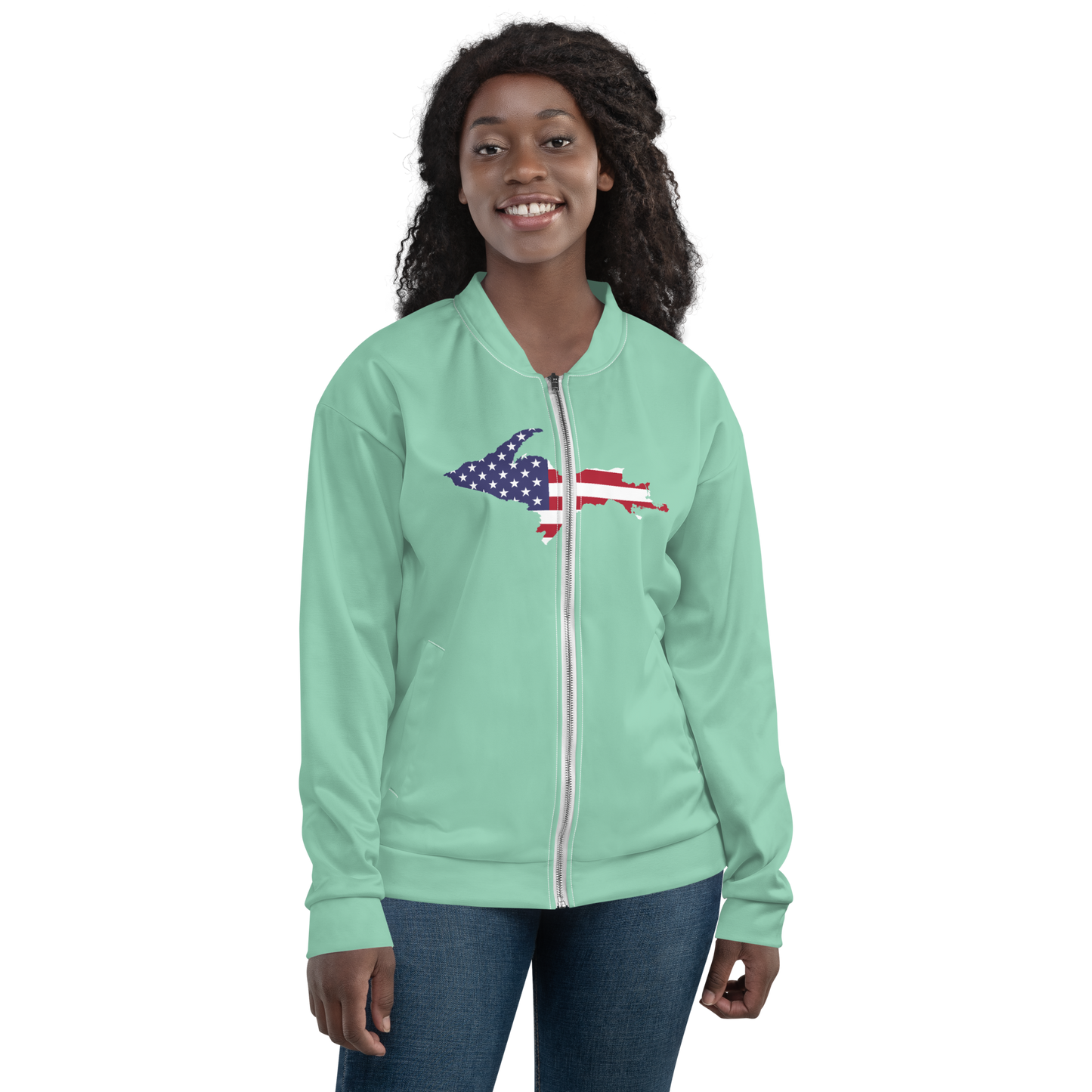 Michigan Upper Peninsula Bomber Jacket (w/ Large UP USA Flag Outline) | Turquoise Green