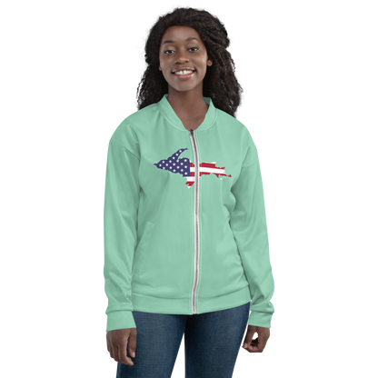 Michigan Upper Peninsula Bomber Jacket (w/ Large UP USA Flag Outline) | Turquoise Green