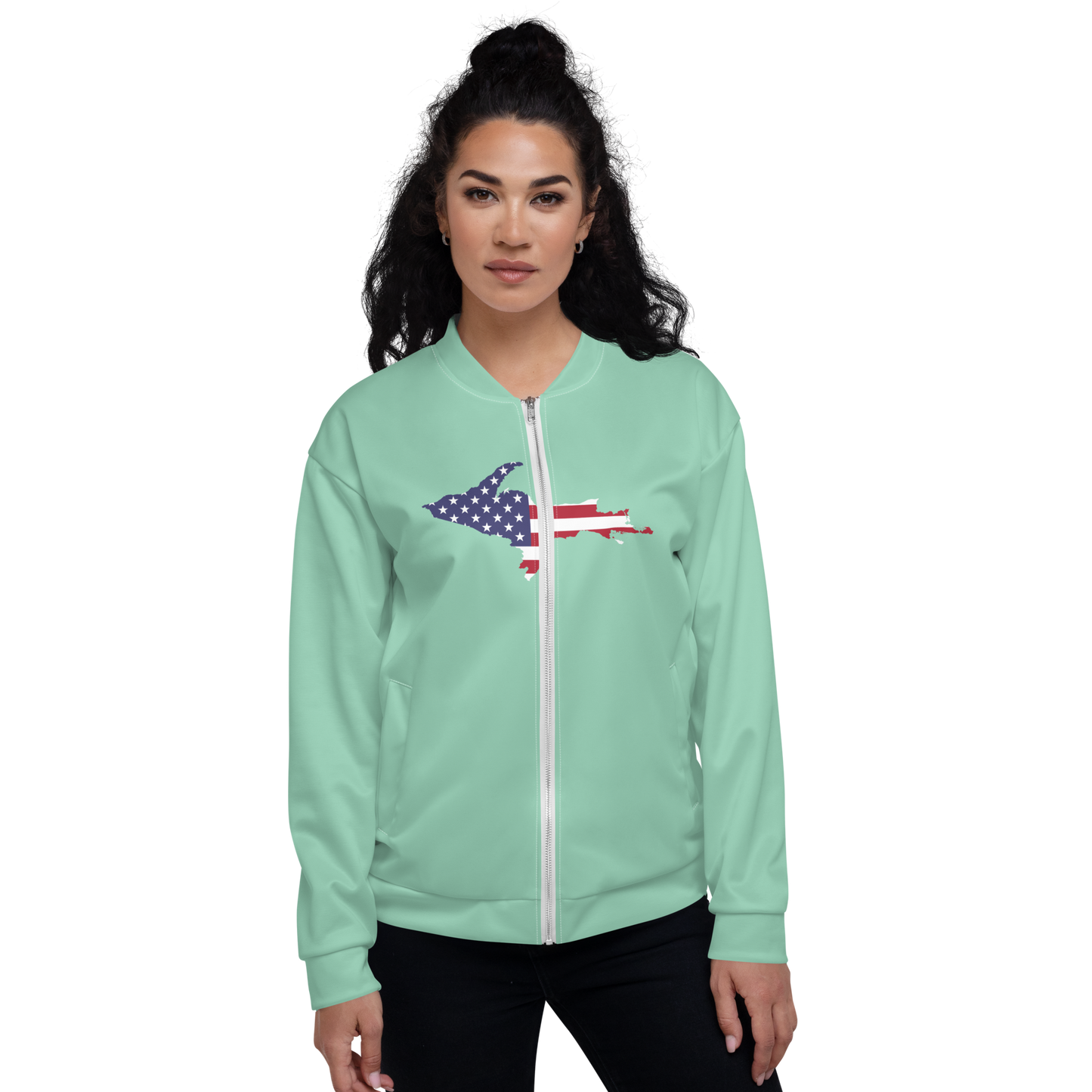 Michigan Upper Peninsula Bomber Jacket (w/ Large UP USA Flag Outline) | Turquoise Green