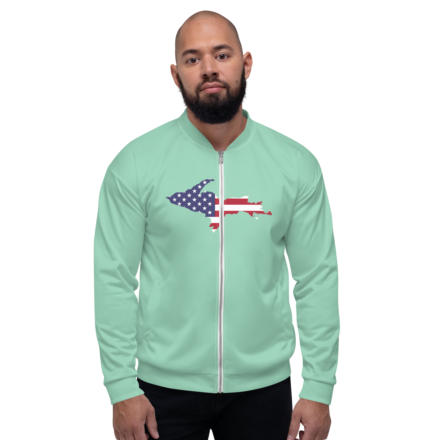 Michigan Upper Peninsula Bomber Jacket (w/ Large UP USA Flag Outline) | Turquoise Green