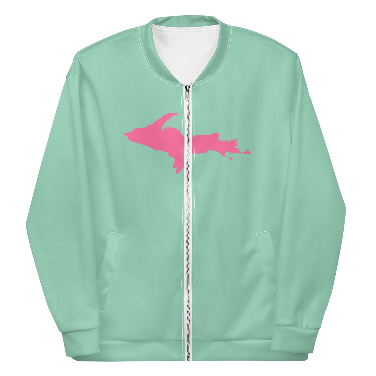 Michigan Upper Peninsula Bomber Jacket (w/ Large Pink UP Outline) | Turquoise Green