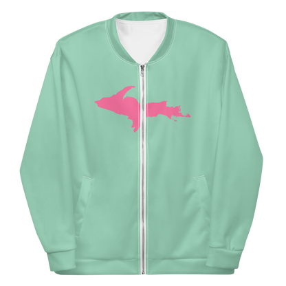 Michigan Upper Peninsula Bomber Jacket (w/ Large Pink UP Outline) | Turquoise Green