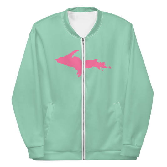 Michigan Upper Peninsula Bomber Jacket (w/ Large Pink UP Outline) | Turquoise Green