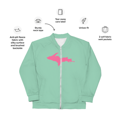 Michigan Upper Peninsula Bomber Jacket (w/ Large Pink UP Outline) | Turquoise Green