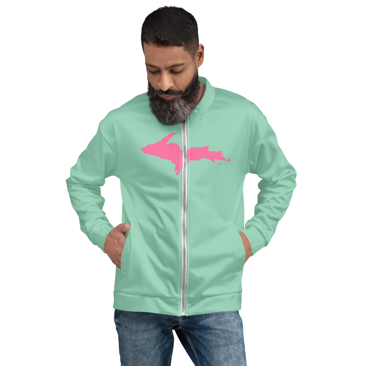 Michigan Upper Peninsula Bomber Jacket (w/ Large Pink UP Outline) | Turquoise Green