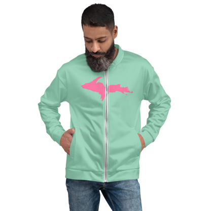 Michigan Upper Peninsula Bomber Jacket (w/ Large Pink UP Outline) | Turquoise Green