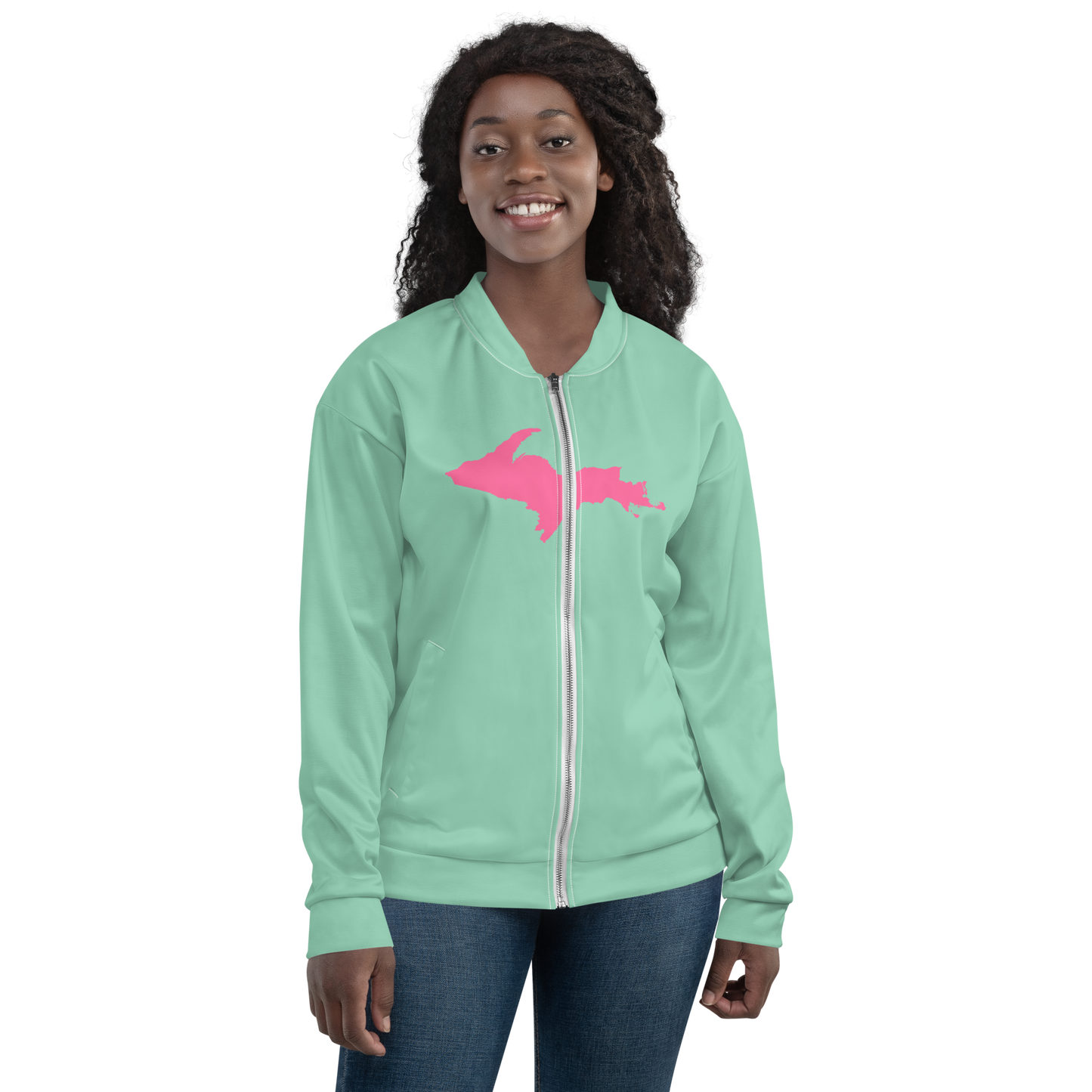 Michigan Upper Peninsula Bomber Jacket (w/ Large Pink UP Outline) | Turquoise Green