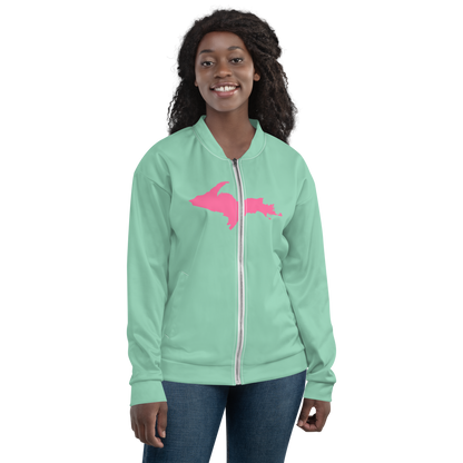 Michigan Upper Peninsula Bomber Jacket (w/ Large Pink UP Outline) | Turquoise Green