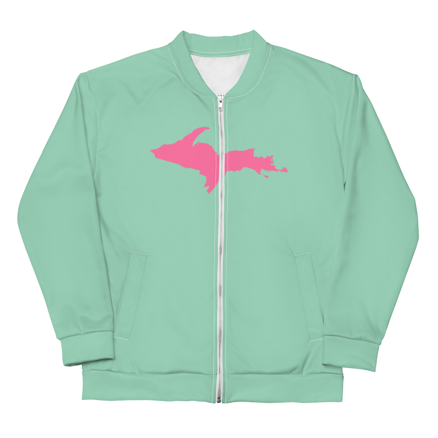 Michigan Upper Peninsula Bomber Jacket (w/ Large Pink UP Outline) | Turquoise Green