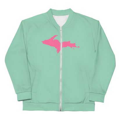 Michigan Upper Peninsula Bomber Jacket (w/ Large Pink UP Outline) | Turquoise Green