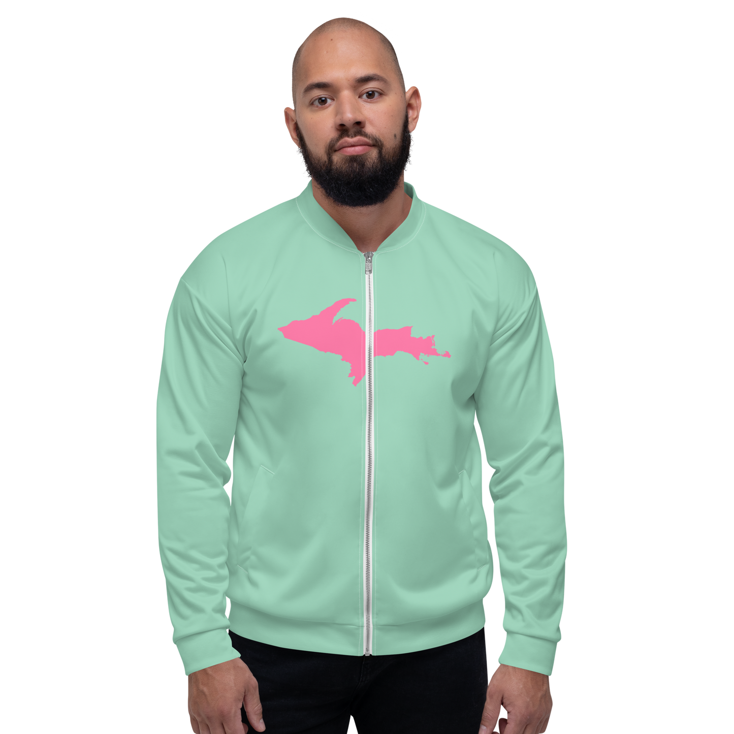 Michigan Upper Peninsula Bomber Jacket (w/ Large Pink UP Outline) | Turquoise Green