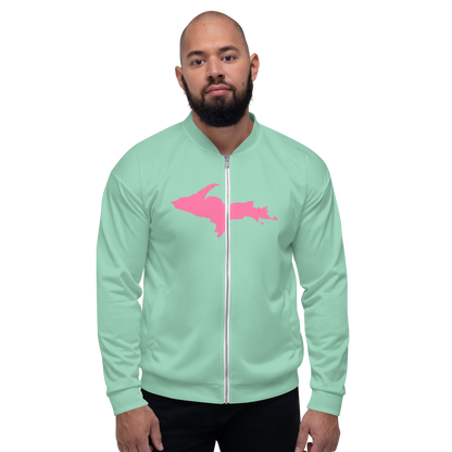 Michigan Upper Peninsula Bomber Jacket (w/ Large Pink UP Outline) | Turquoise Green