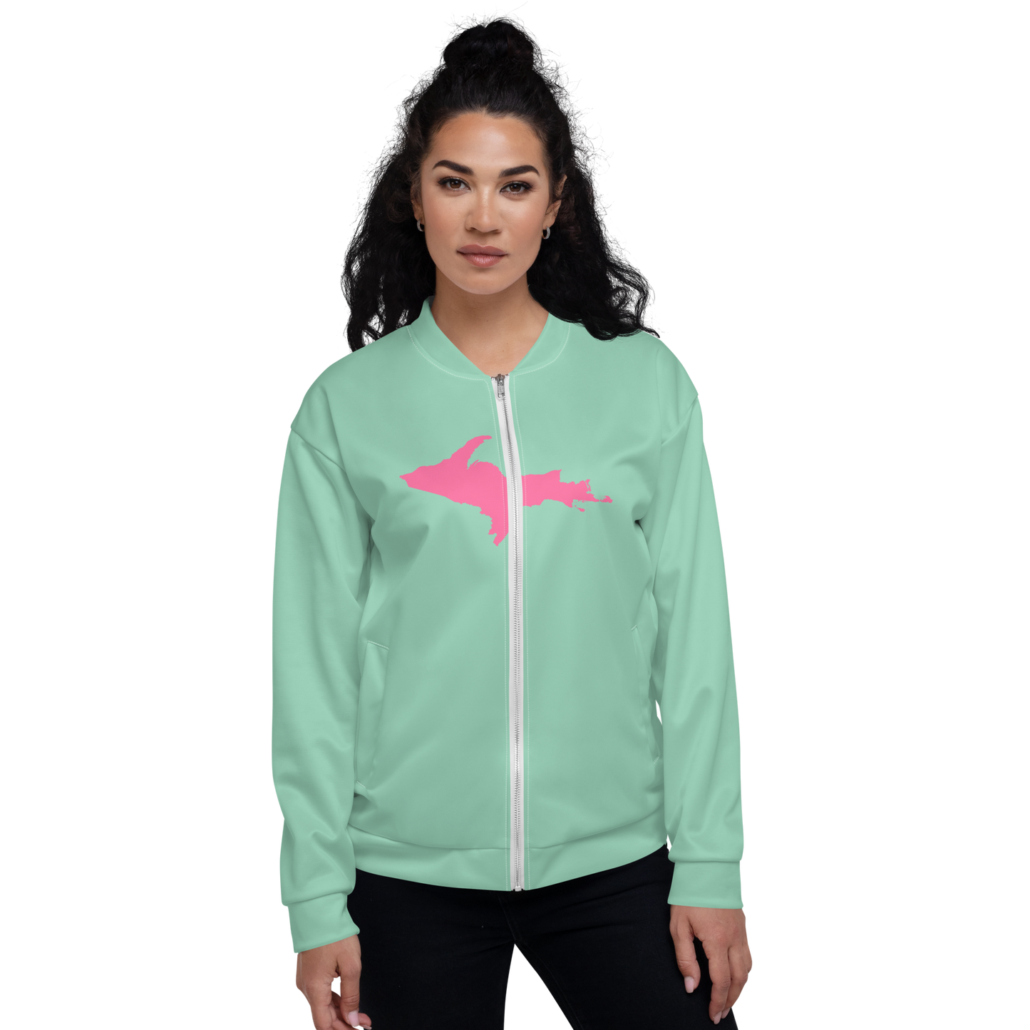 Michigan Upper Peninsula Bomber Jacket (w/ Large Pink UP Outline) | Turquoise Green