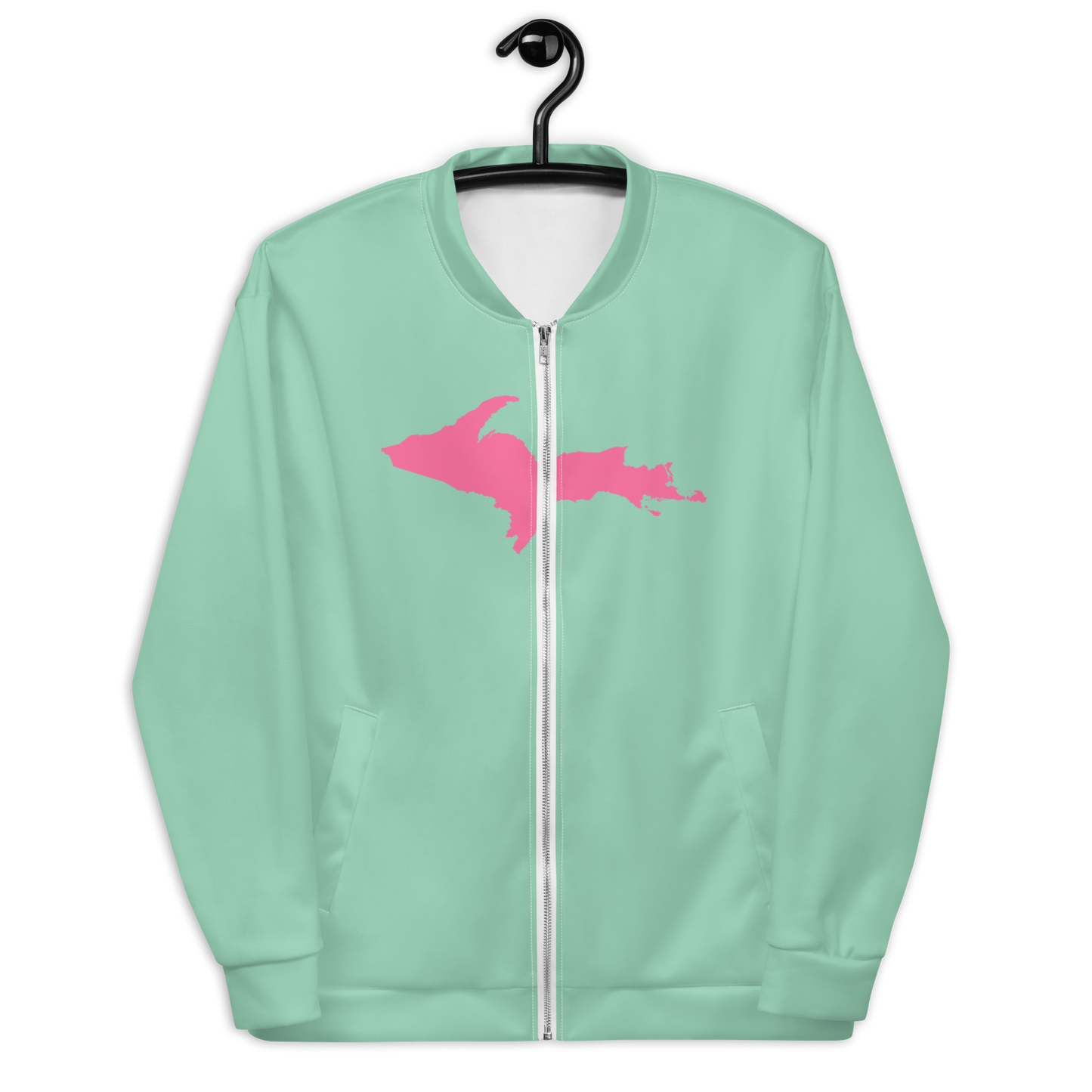 Michigan Upper Peninsula Bomber Jacket (w/ Large Pink UP Outline) | Turquoise Green