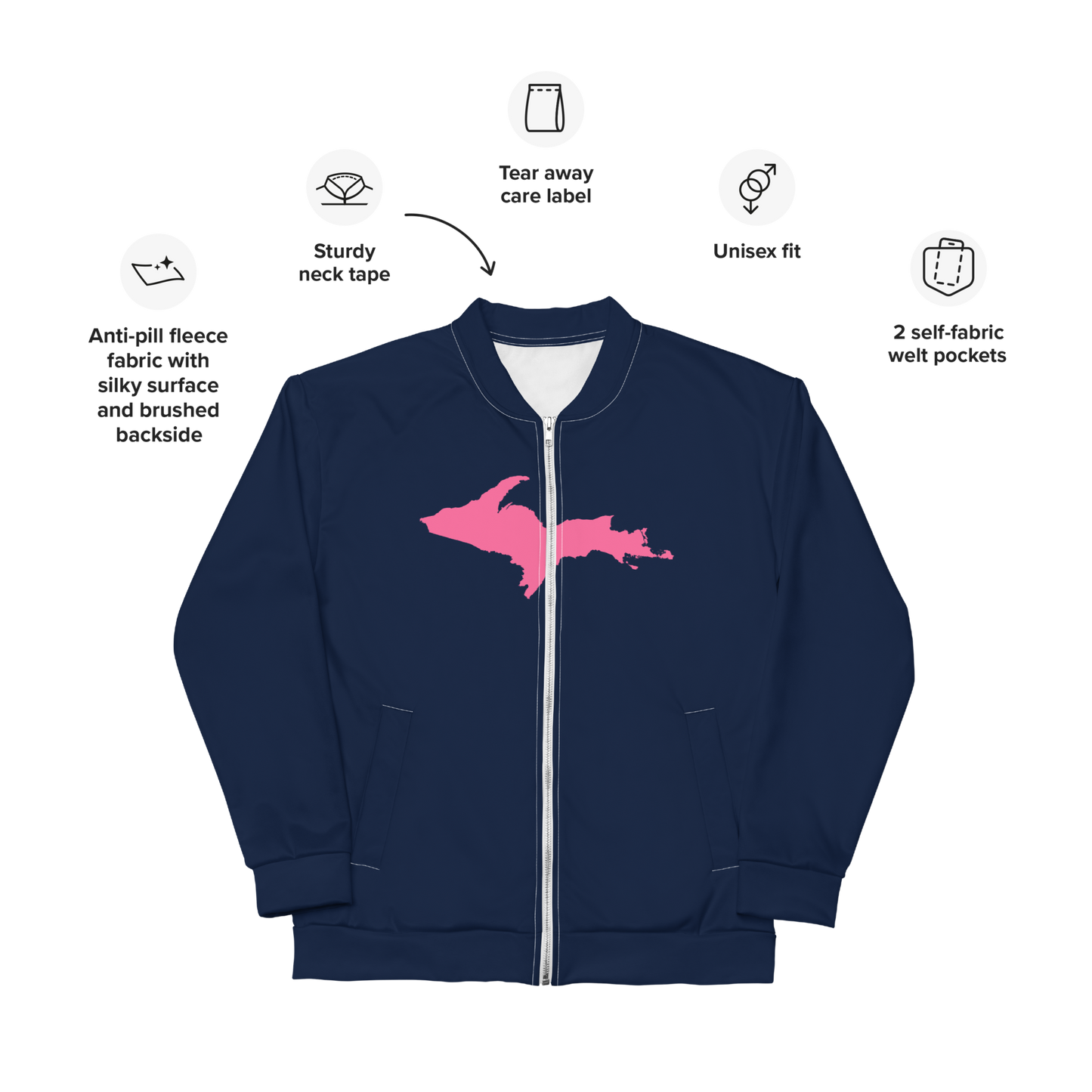 Michigan Upper Peninsula Bomber Jacket (w/ Large Pink UP Outline) | Navy