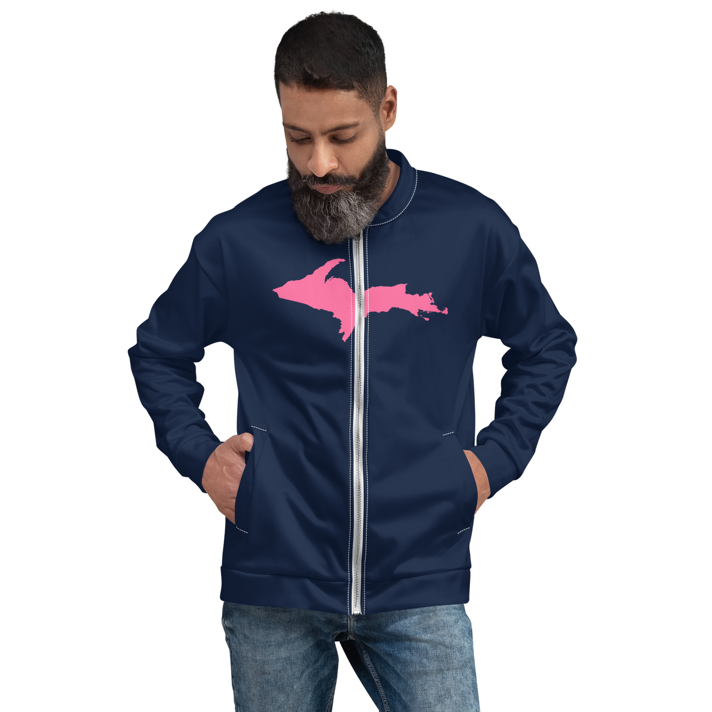 Michigan Upper Peninsula Bomber Jacket (w/ Large Pink UP Outline) | Navy