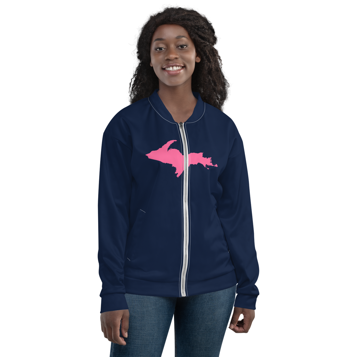 Michigan Upper Peninsula Bomber Jacket (w/ Large Pink UP Outline) | Navy