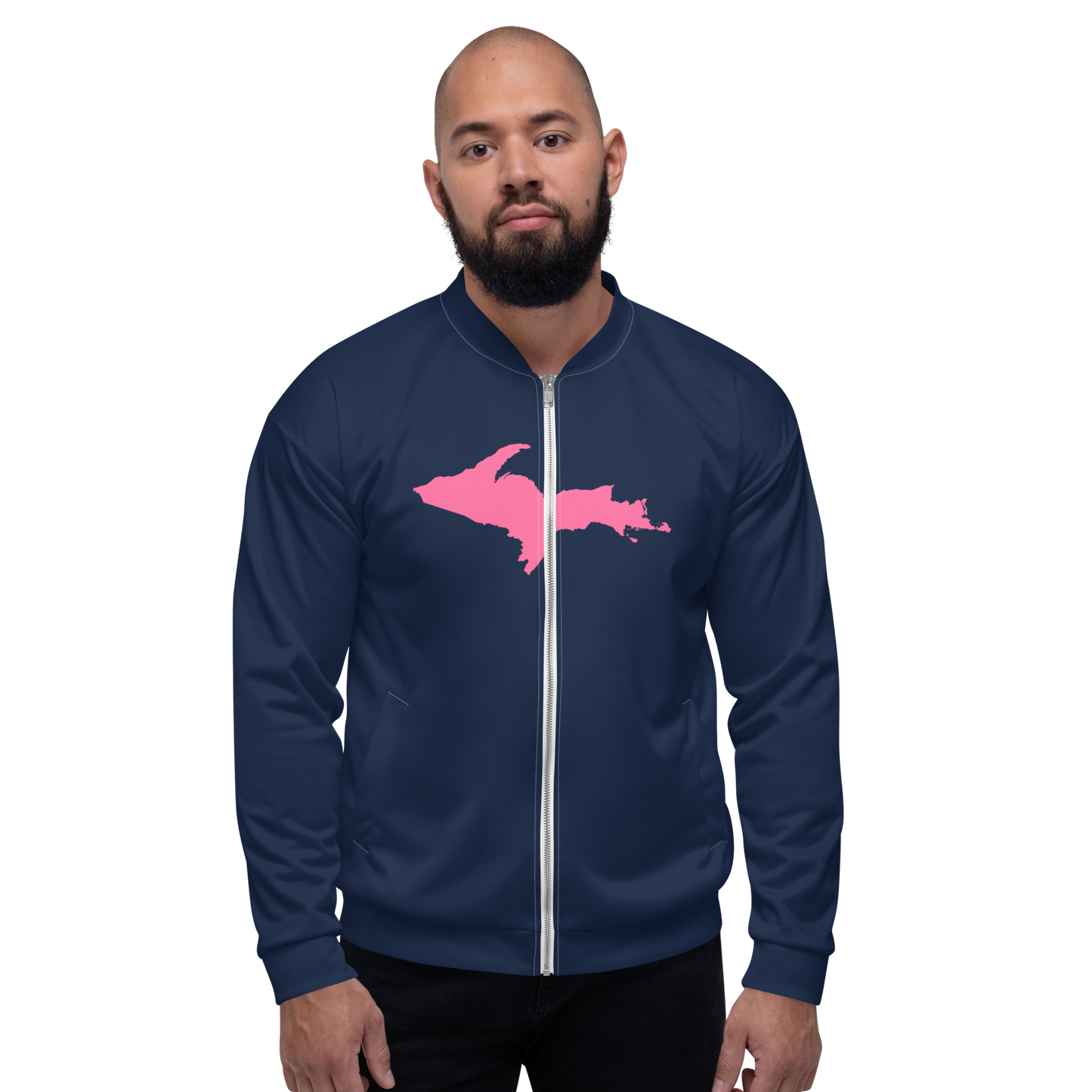 Michigan Upper Peninsula Bomber Jacket (w/ Large Pink UP Outline) | Navy