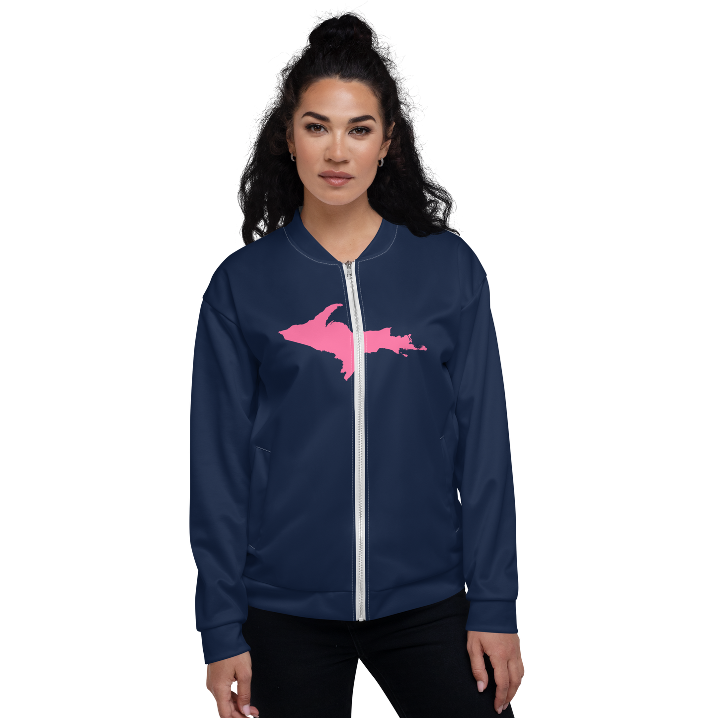 Michigan Upper Peninsula Bomber Jacket (w/ Large Pink UP Outline) | Navy