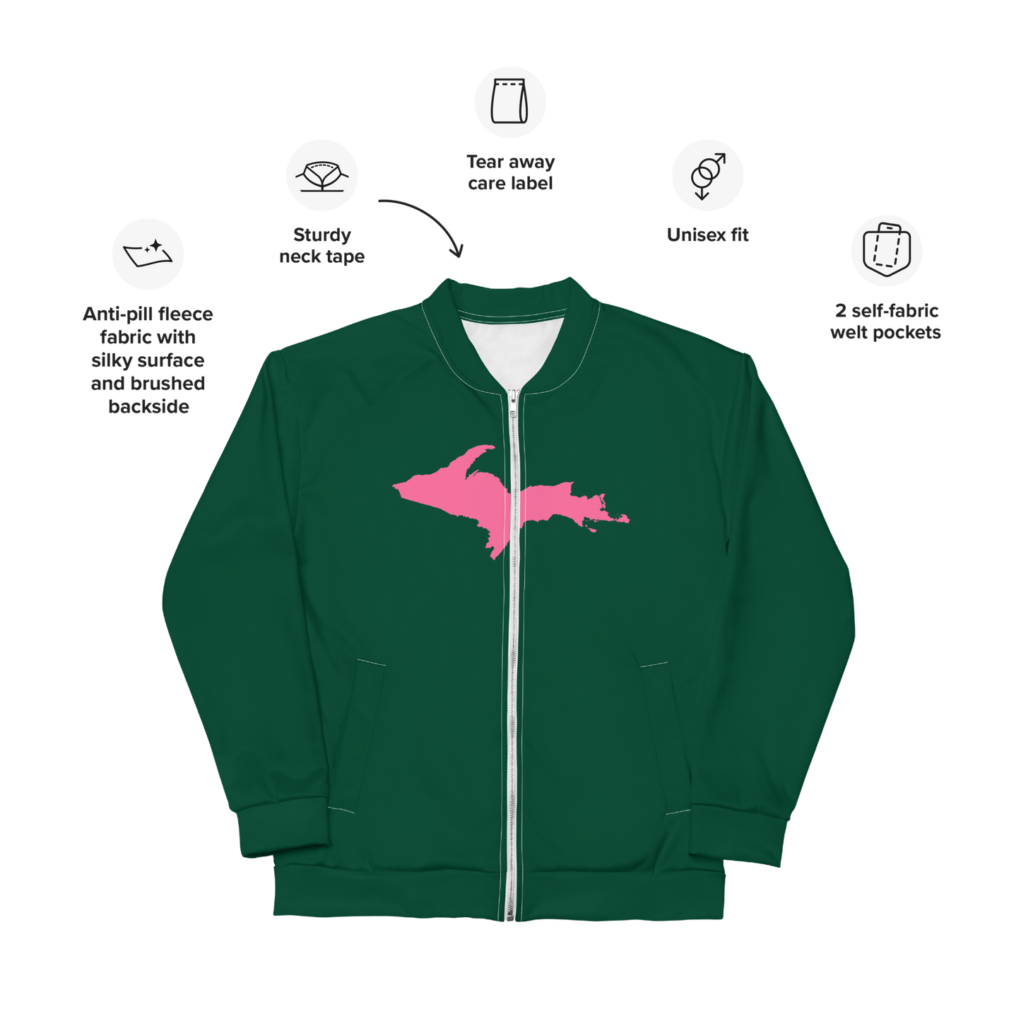 Michigan Upper Peninsula Bomber Jacket (w/ Large Pink UP Outline) | Green