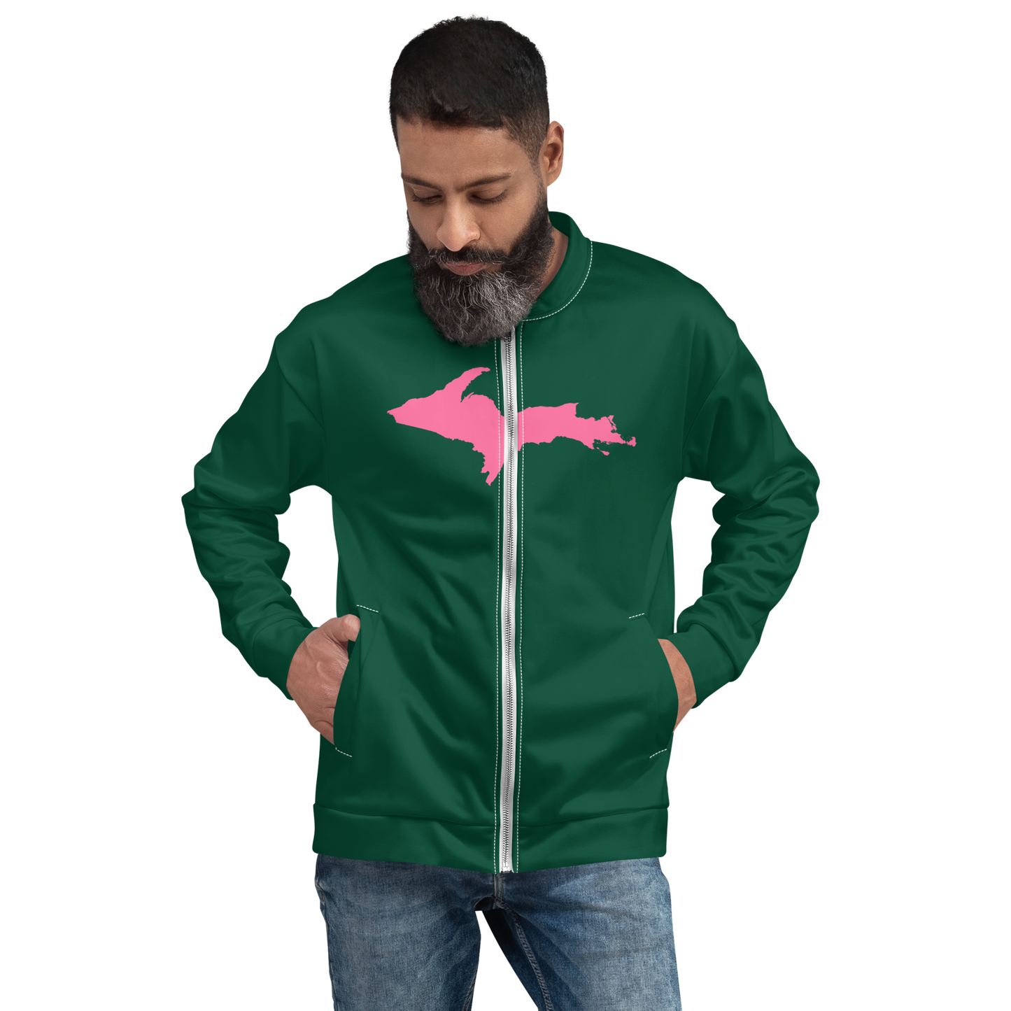 Michigan Upper Peninsula Bomber Jacket (w/ Large Pink UP Outline) | Green