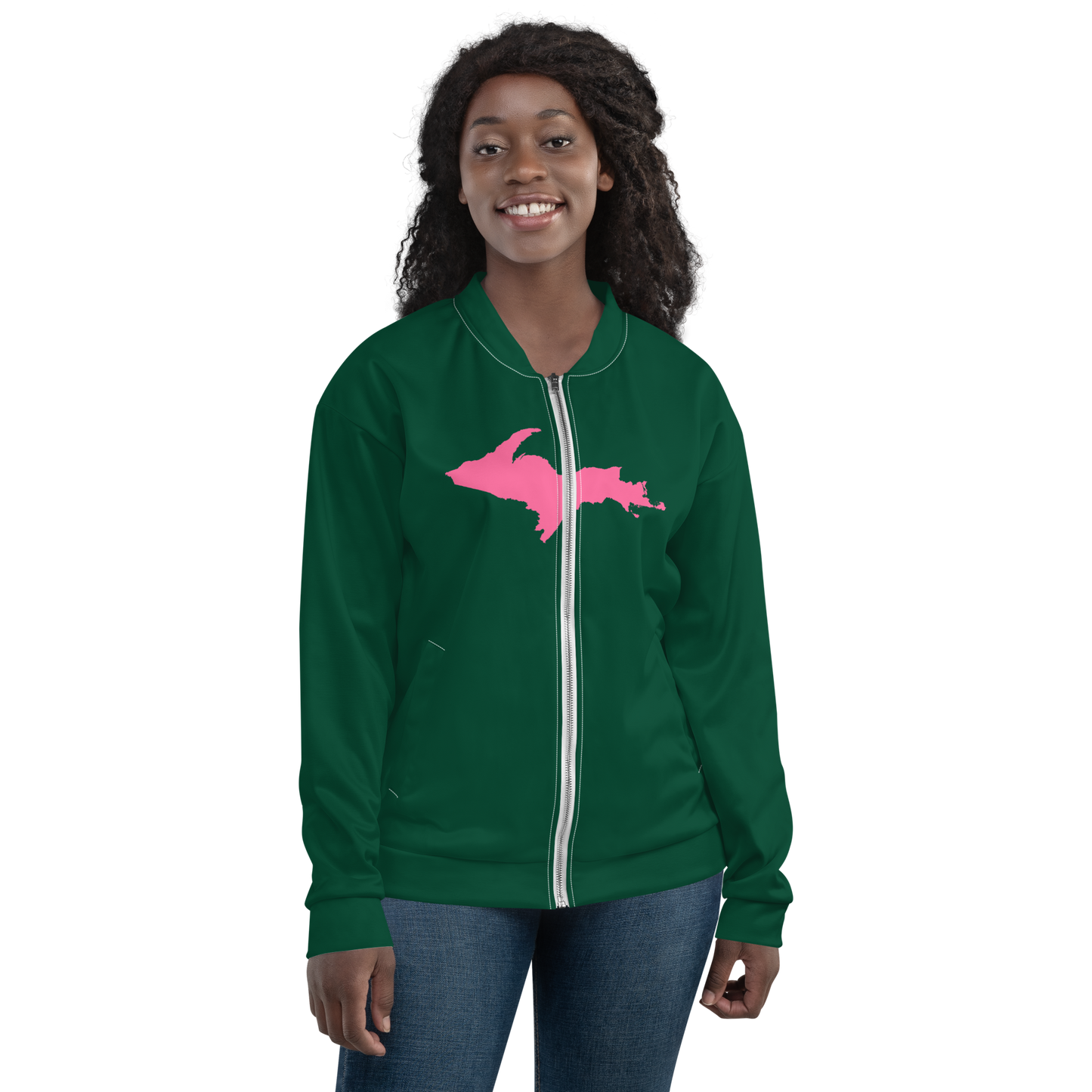 Michigan Upper Peninsula Bomber Jacket (w/ Large Pink UP Outline) | Green