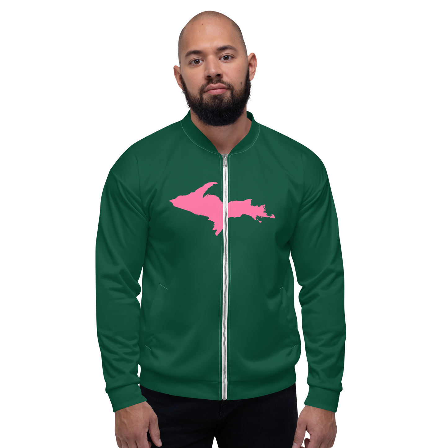 Michigan Upper Peninsula Bomber Jacket (w/ Large Pink UP Outline) | Green