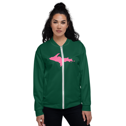 Michigan Upper Peninsula Bomber Jacket (w/ Large Pink UP Outline) | Green