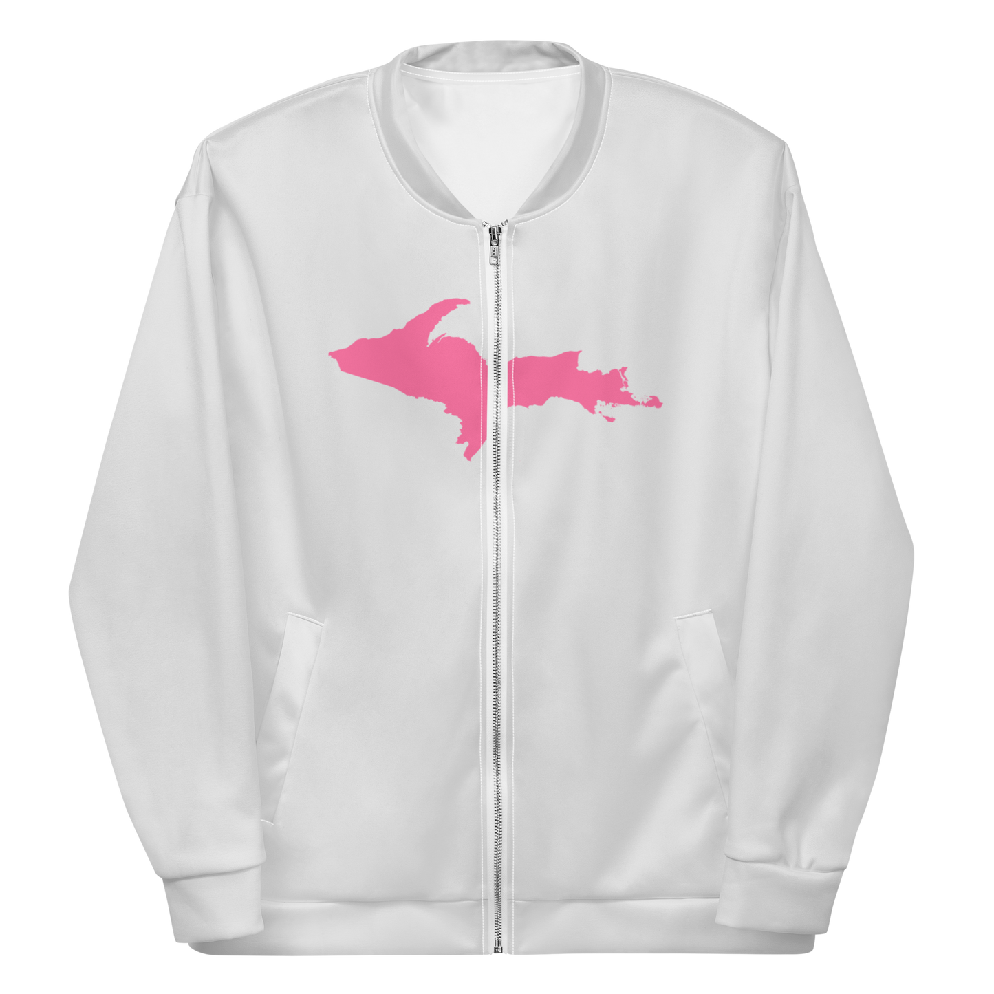 Michigan Upper Peninsula Bomber Jacket (w/ Large Pink UP Outline) | Birch Bark White