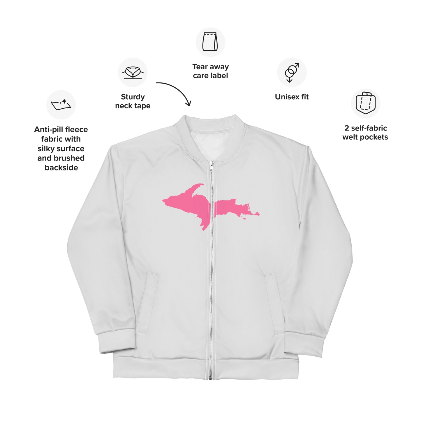 Michigan Upper Peninsula Bomber Jacket (w/ Large Pink UP Outline) | Birch Bark White