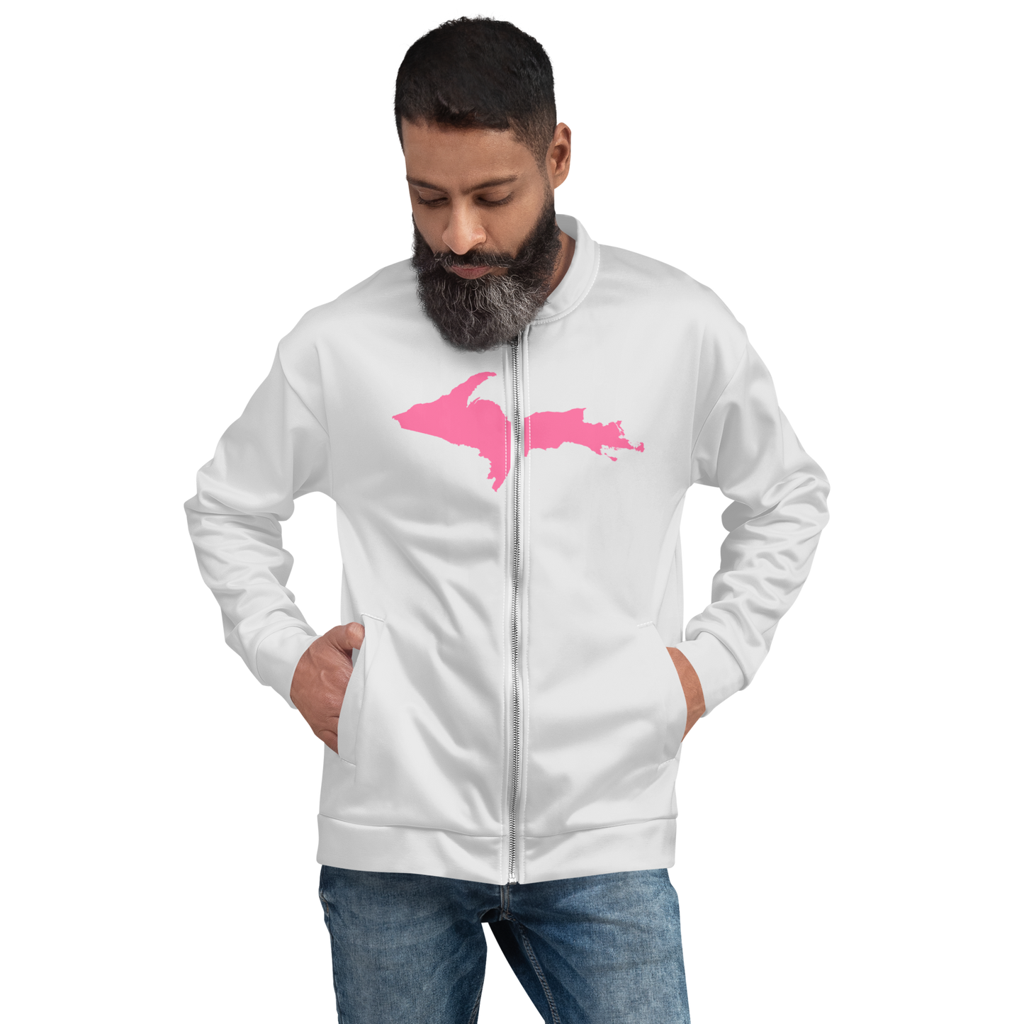 Michigan Upper Peninsula Bomber Jacket (w/ Large Pink UP Outline) | Birch Bark White