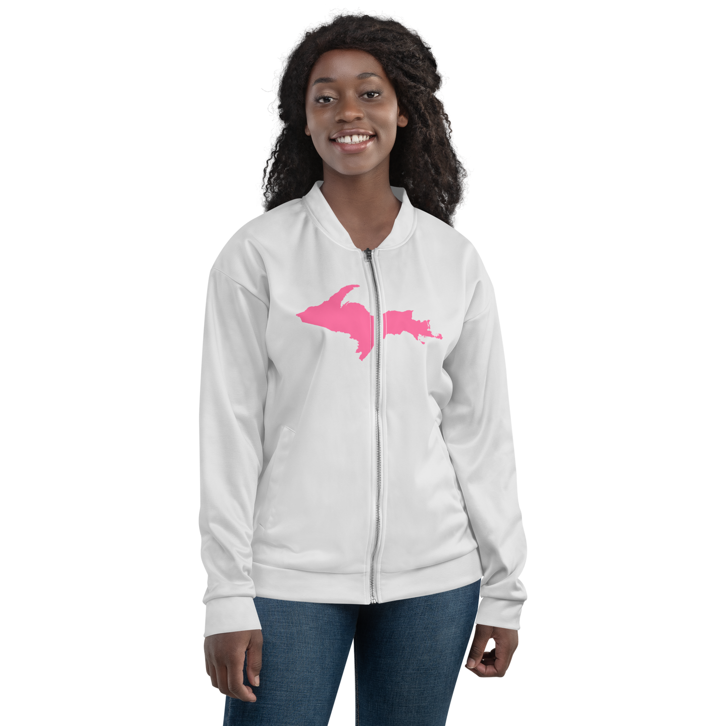 Michigan Upper Peninsula Bomber Jacket (w/ Large Pink UP Outline) | Birch Bark White