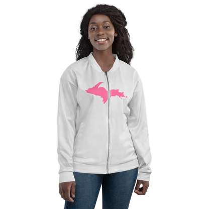 Michigan Upper Peninsula Bomber Jacket (w/ Large Pink UP Outline) | Birch Bark White