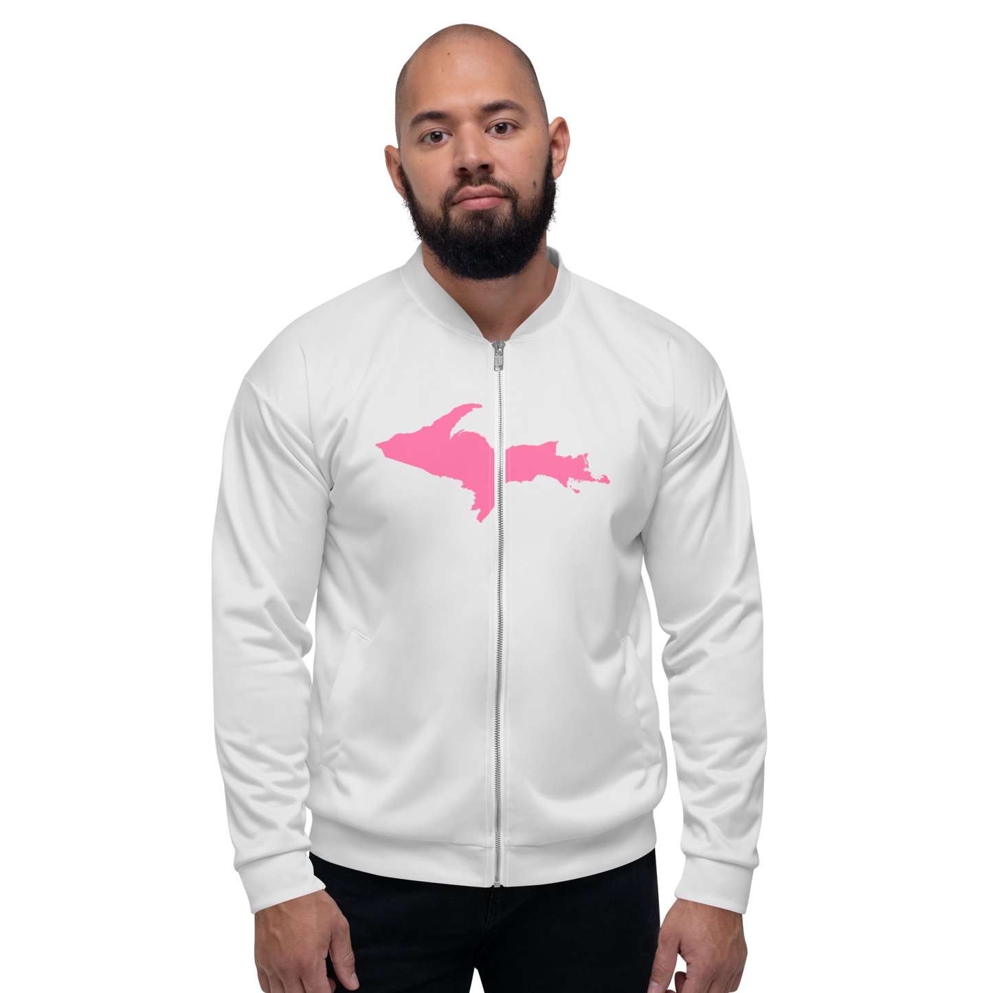 Michigan Upper Peninsula Bomber Jacket (w/ Large Pink UP Outline) | Birch Bark White